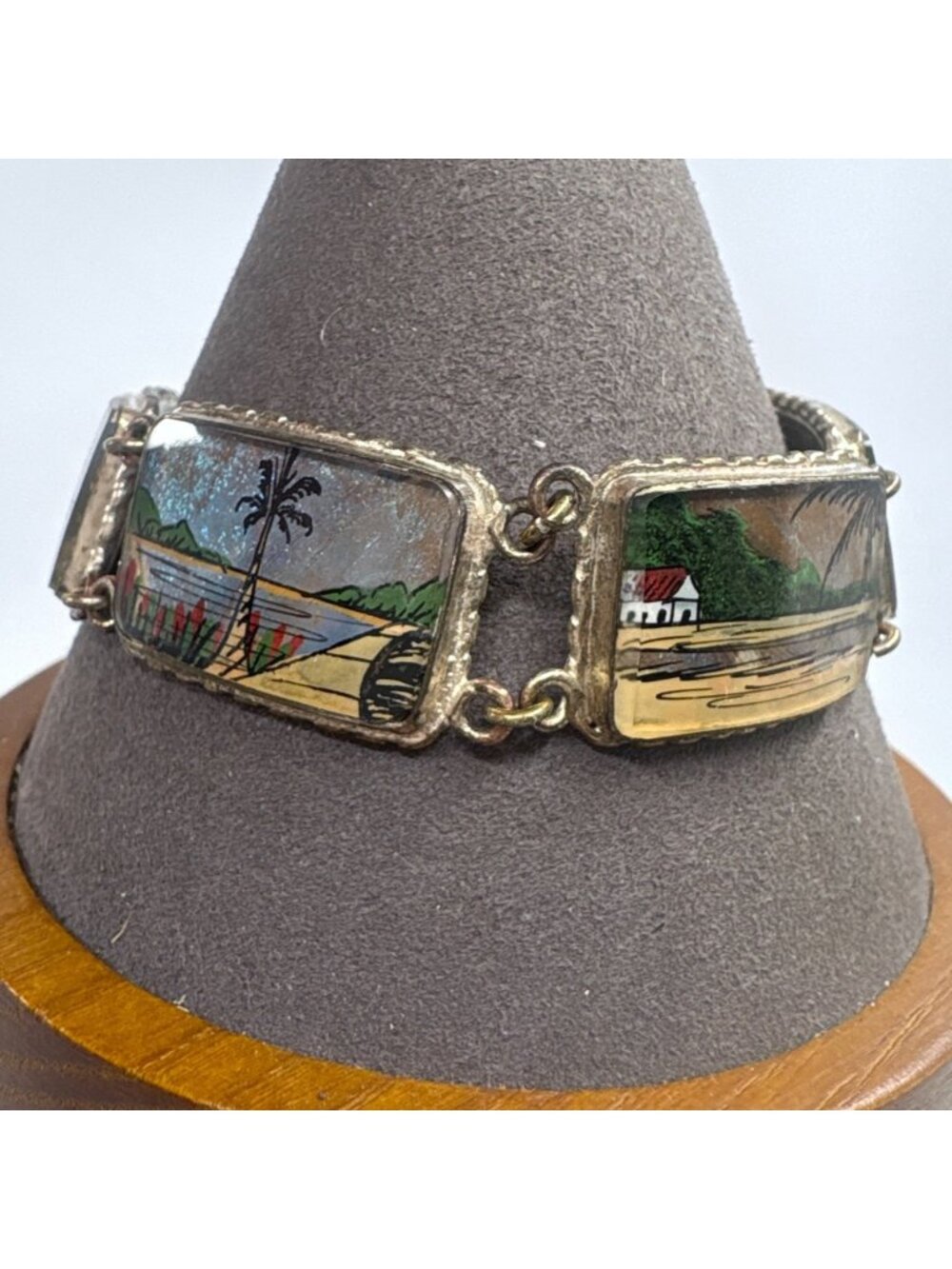 Blue Morpho Butterfly Wings Hand Painted Tropical Scene 900 Silver Bracelet